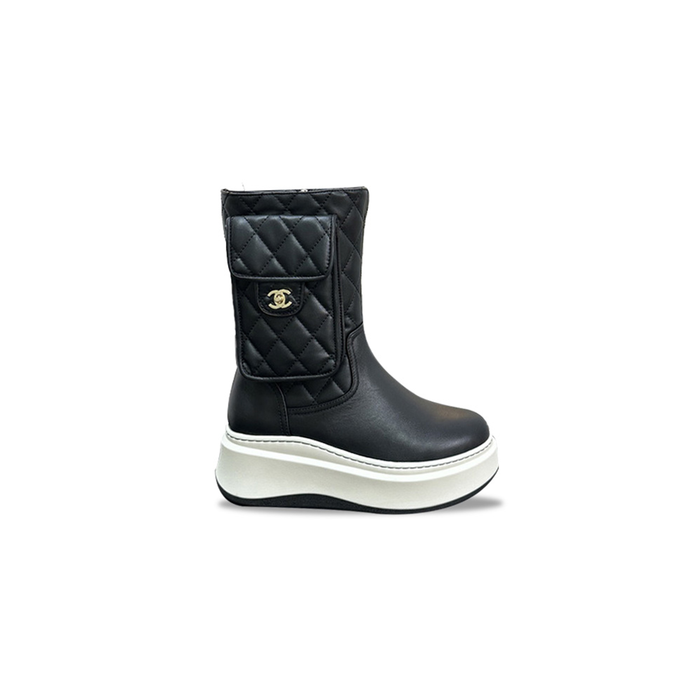 CHANEL QUILTED LEATHER PANEL SHORT BOOTS IN BLACK PATENT WHITE SOLE